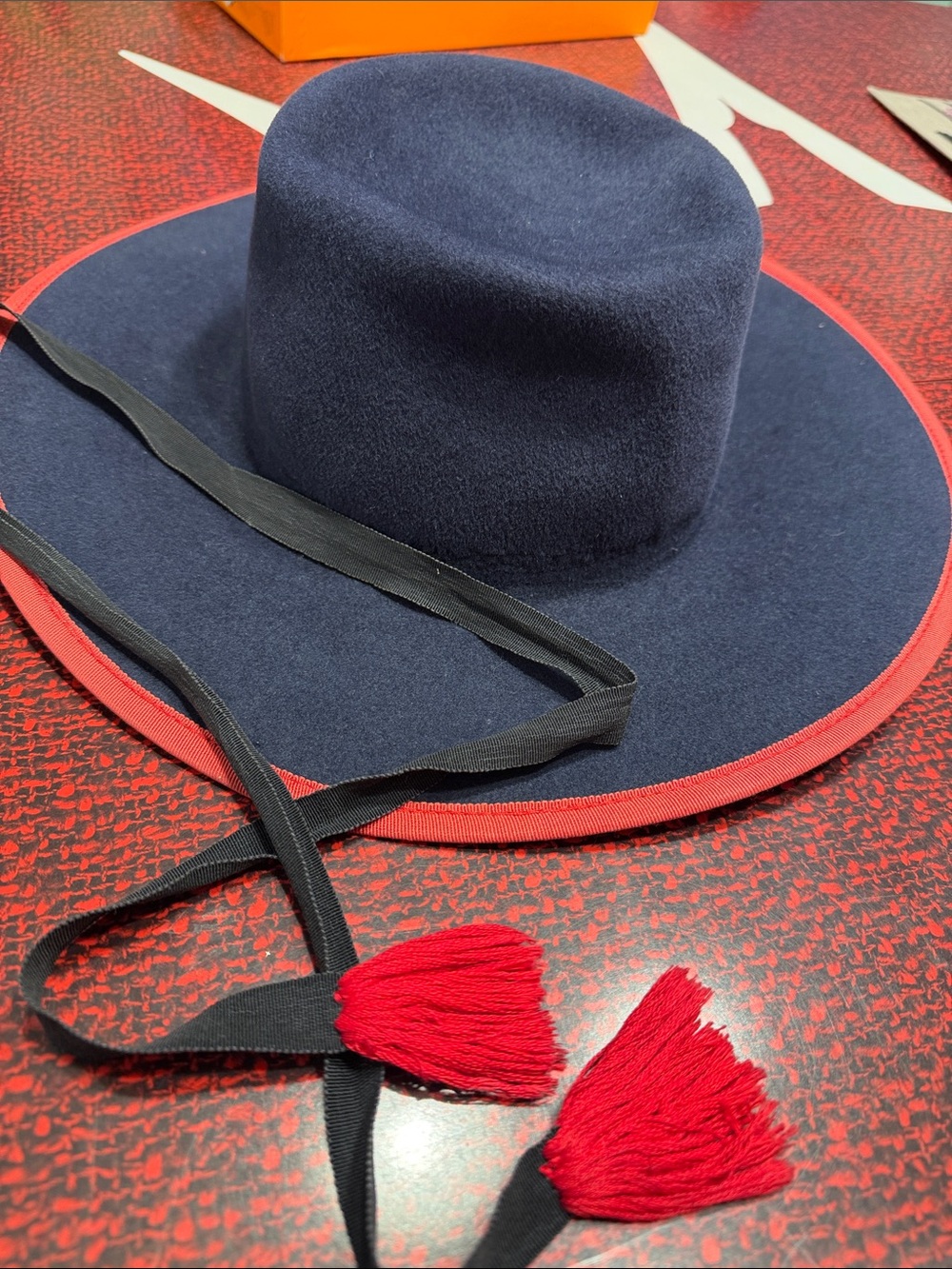 Behida Dolic Millinery Navy Wide-Brim Wool Hat with Red Trim and Tassels